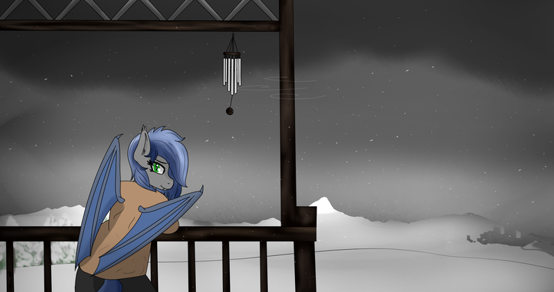 Size: 2048x1080 | Tagged: safe, artist:eclipsepenumbra, artist:eclipsethebat, derpibooru import, oc, oc:eclipse penumbra, anthro, bat pony, female, high res, outdoors, snow, snowfall, solo, wind, wind chimes