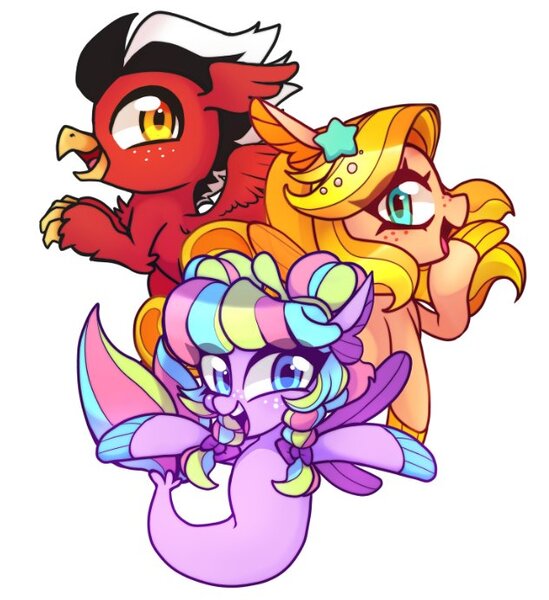 Size: 632x691 | Tagged: safe, artist:techycutie, derpibooru import, oc, oc:assateagues phoenix, oc:roaring thunder, oc:salt water taffy, hippogriff, pony, sea pony, bow, braid, chibi, female, fins, group shot, hair bow, hair bun, hairclip, male, mascot, rearing, seaquestriafest, simple background, stars