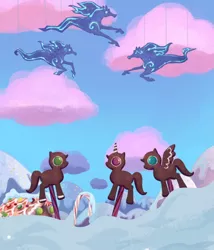 Size: 1929x2249 | Tagged: safe, composite screencap, derpibooru import, edit, edited screencap, screencap, gingerbread, earth pony, pegasus, pony, unicorn, windigo, hearthbreakers, candy, candy cane, cloud, cotton candy, cotton candy cloud, food, panorama, snow, sprinkles