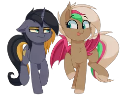Size: 1701x1329 | Tagged: safe, artist:thegamblehorse, deleted from derpibooru, derpibooru import, oc, oc:data breach, oc:gilded grooves, unofficial characters only, bat pony, pony, unicorn, :p, bat pony oc, bat wings, female, mare, siblings, silly, simple background, sisters, tongue out, transparent background, unamused, wings