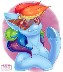 Size: 943x1080 | Tagged: safe, artist:striped-chocolate, derpibooru import, rainbow dash, pony, bust, grin, kamina sunglasses, portrait, rcf community, signature, simple background, smiling, solo, sunglasses