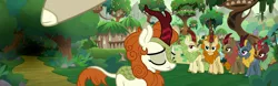 Size: 2912x910 | Tagged: autumn blaze, cloven hooves, colored hooves, composite screencap, derpibooru import, edit, edited screencap, eyes closed, female, kirin, kirin village, panorama, rain shine, safe, screencap, sounds of silence