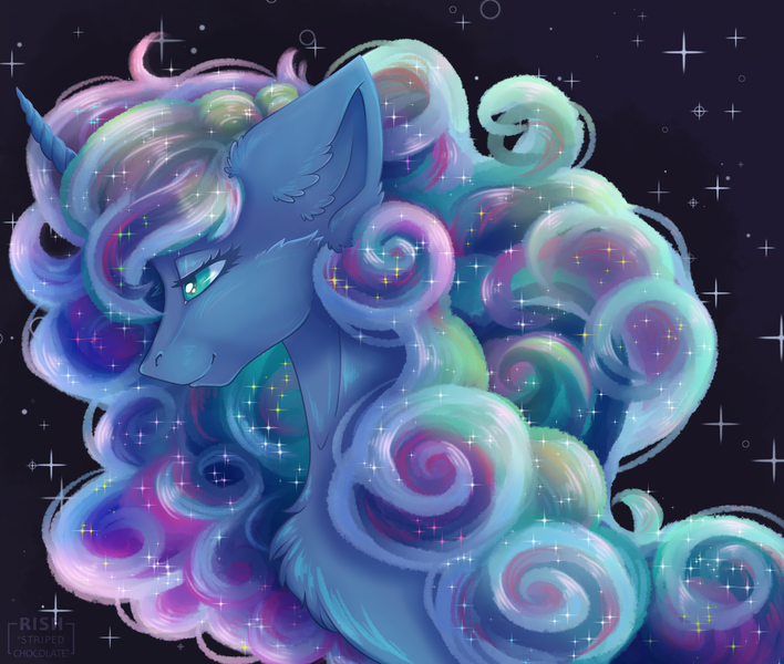 Size: 1274x1080 | Tagged: safe, artist:striped-chocolate, derpibooru import, princess luna, pony, bust, ethereal mane, lidded eyes, night, portrait, profile, rcf community, signature, smiling, solo, starry mane, stars