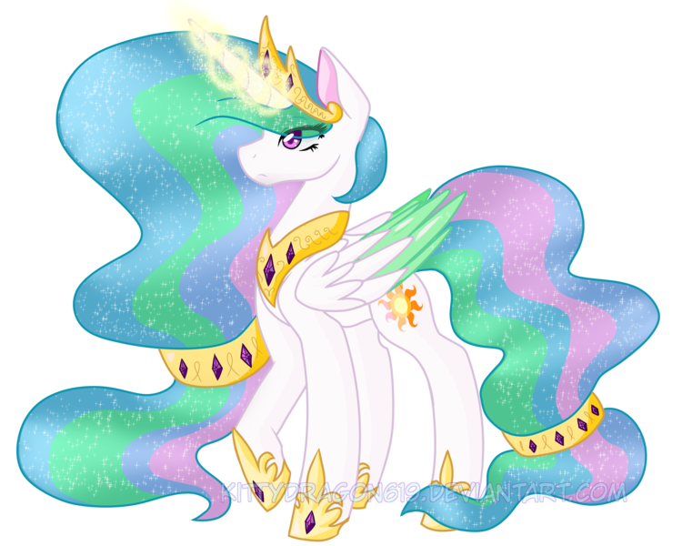 Size: 5000x4000 | Tagged: safe, artist:ghostlykittycat, derpibooru import, princess celestia, alicorn, pony, alternate cutie mark, colored wings, cutie mark, ethereal mane, female, glowing horn, hair tie, horn, jewelry, mare, raised hoof, redesign, regalia, sidemouth, simple background, solo, starry mane, transparent background, wings