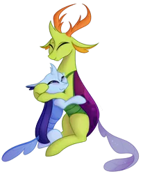 Size: 1280x1555 | Tagged: safe, artist:puddingskinmcgee, derpibooru import, thorax, oc, oc:calor, oc:calor the changeling, changedling, changeling, blushing, canon x oc, changedling oc, changeling oc, cuddling, cute, hug, king thorax, thorabetes