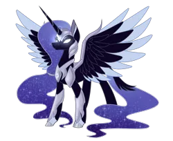 Size: 1842x1500 | Tagged: safe, artist:ghostlykittycat, derpibooru import, nightmare moon, alicorn, pony, armor, colored wings, ethereal mane, female, glowing eyes, hair tie, helmet, horn, long horn, mare, redesign, simple background, solo, spread wings, starry mane, story included, tail feathers, transparent background, wing armor, wings