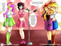 Size: 1024x768 | Tagged: safe, artist:attentte, derpibooru import, applejack, fluttershy, sunset shimmer, oc, oc:sirenia, equestria girls, armpits, betrayed, captured, headphones, human coloration, hypnosis, hypnotized, microphone, microphone stand, music, singing, siren song, sleeping, songstress, spellbinderz, spiral, swirly eyes, trance