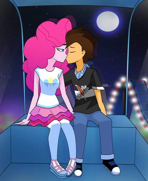 Size: 2648x3226 | Tagged: safe, artist:xan-gelx, derpibooru import, pinkie pie, oc, oc:copper plume, equestria girls, canon x oc, clothes, commission, commissioner:imperfectxiii, converse, copperpie, eyes closed, female, ferris wheel, full moon, jeans, kissing, male, moon, neckerchief, pants, pantyhose, sandals, shipping, shoes, skirt, sneakers, straight