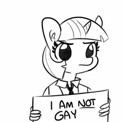 Size: 1650x1650 | Tagged: safe, artist:tjpones, derpibooru import, twilight sparkle, anthro, denial, ear fluff, explicit source, female, frown, glare, lesbian, looking at you, mare, necktie, not lesbian, sign, simple background, solo, suspiciously specific denial, unamused, white background