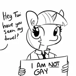 Size: 1650x1650 | Tagged: safe, artist:tjpones, derpibooru import, twilight sparkle, anthro, denial, dialogue, ear fluff, explicit source, female, frown, implied starlight glimmer, lesbian, looking at you, mare, necktie, not gay, sideways glance, sign, simple background, solo focus, suspiciously specific denial, text, white background