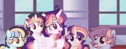 Size: 1280x506 | Tagged: safe, artist:moon-rose-rosie, derpibooru import, oc, oc:alex, oc:angelica sparkle, oc:celestial moon, oc:john, oc:moonlight sparkle, unofficial characters only, alicorn, pegasus, pony, unicorn, colt, female, filly, magical lesbian spawn, male, mare, offspring, offspring's offspring, parent:oc:celestial moon, parent:rainbow dash, parent:twilight sparkle, parents:oc x oc, parents:twidash