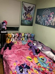 Size: 3024x4032 | Tagged: safe, derpibooru import, applejack, fizzlepop berrytwist, fluttershy, pinkie pie, rainbow dash, rarity, starlight glimmer, tempest shadow, trixie, twilight sparkle, twilight sparkle (alicorn), alicorn, pony, 4de, bed, body pillow, body pillow design, build-a-bear, heaven, irl, merchandise, photo, pillow, plushie, poster