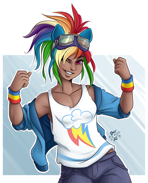 Size: 1824x2256 | Tagged: alternate hairstyle, artist:ponut_joe, bishoujo, breasts, clothes, cutie mark, cutie mark on clothes, dark skin, delicious flat chest, derpibooru import, female, flexing, goggles, human, humanized, jacket, kotobukiya, kotobukiya rainbow dash, looking at you, one eye closed, rainbow dash, safe, simple background, smiling, tanktop, wink, wristband