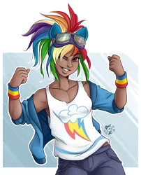 Size: 1824x2256 | Tagged: alternate hairstyle, artist:ponut_joe, bishoujo, breasts, clothes, cutie mark, cutie mark on clothes, dark skin, delicious flat chest, derpibooru import, female, flexing, goggles, human, humanized, jacket, kotobukiya, kotobukiya rainbow dash, looking at you, one eye closed, rainbow dash, safe, simple background, smiling, tanktop, wink, wristband