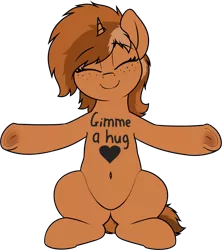 Size: 2975x3346 | Tagged: safe, artist:zippysqrl, derpibooru import, oc, oc:sign, unofficial characters only, pony, unicorn, belly button, body writing, chest fluff, cute, eyes closed, female, freckles, frog (hoof), heart, horn, hug request, mare, ocbetes, open arms, simple background, smiling, solo, transparent background, underhoof
