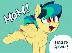 Size: 1852x1361 | Tagged: safe, artist:shinodage, derpibooru import, oc, oc:apogee, unofficial characters only, pegasus, pony, adorkable, blue background, body freckles, bucking, butt freckles, chest fluff, chest freckles, cute, diageetes, dialogue, dork, ear freckles, excited, eye clipping through hair, female, filly, freckles, happy, implied kissing, implied straight, meme origin, mom! meme, ocbetes, open mouth, proud, raised leg, simple background, smiling, solo, speech bubble, tail wrap, teenager, text