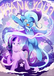 Size: 620x877 | Tagged: safe, artist:theunununium, derpibooru import, starlight glimmer, trixie, pony, unicorn, cape, clothes, duo, female, glowing horn, hat, horn, looking at you, magic, mare, one eye closed, smiling, thank you