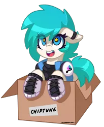 Size: 1800x2200 | Tagged: safe, artist:ciderpunk, derpibooru import, oc, oc:chiptune, pony, adorable face, box, clothes, cute, ear piercing, earring, headphones, jewelry, piercing, punk, shoes, sparkle eyes, starry eyes, wingding eyes