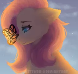 Size: 2048x1948 | Tagged: safe, artist:kittwen, derpibooru import, fluttershy, butterfly, pegasus, pony, bust, butterfly on nose, cheek fluff, chest fluff, cute, ear fluff, female, insect on nose, lidded eyes, looking at something, mare, portrait, profile, shyabetes, solo