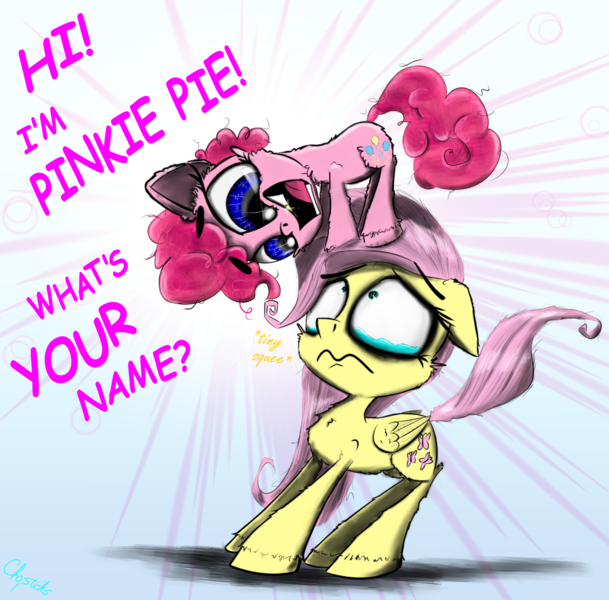 Size: 2000x1972 | Tagged: safe, artist:chopsticks, derpibooru import, fluttershy, pinkie pie, earth pony, pegasus, pony, adorable distress, adoracreepy, cheek fluff, chest fluff, creepy, cute, dialogue, diapinkes, eye contact, female, filly, filly fluttershy, filly pinkie pie, foal, folded wings, gold tooth, hoof fluff, looking at each other, looking down, looking up, open mouth, personal space invasion, pinkie being pinkie, scared, shyabetes, squee, standing on head, teary eyes, text, wings, yelling, younger