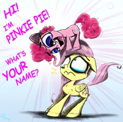 Size: 2000x1972 | Tagged: safe, artist:chopsticks, derpibooru import, fluttershy, pinkie pie, earth pony, pegasus, pony, adorable distress, adoracreepy, cheek fluff, chest fluff, creepy, cute, dialogue, diapinkes, eye contact, female, filly, filly fluttershy, filly pinkie pie, foal, folded wings, gold tooth, hoof fluff, looking at each other, looking down, looking up, open mouth, personal space invasion, pinkie being pinkie, scared, shyabetes, squee, standing on head, teary eyes, text, wings, yelling, younger