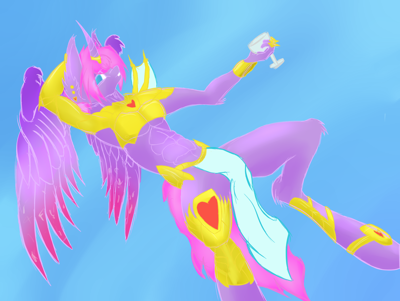 Size: 1993x1501 | Tagged: alicorn, alicorn oc, anthro, anthro oc, armor, armpits, artist:skygunner, colored wings, derpibooru import, gradient wings, horn, loincloth, lying down, male, oc, oc:magic meat, safe, simple background, wings