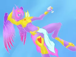Size: 1993x1501 | Tagged: alicorn, alicorn oc, anthro, anthro oc, armor, armpits, artist:skygunner, colored wings, derpibooru import, gradient wings, horn, loincloth, lying down, male, oc, oc:magic meat, safe, simple background, wings