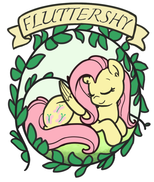 Size: 844x1000 | Tagged: safe, artist:nightmare fuel, derpibooru import, fluttershy, pegasus, pony, cute, eyes closed, female, folded wings, happy, mare, name, old banner, prone, sleeping, smiling, solo, vine, wings