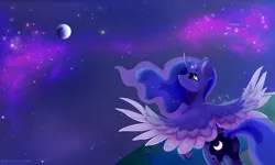 Size: 6000x3600 | Tagged: safe, artist:isorrayi, derpibooru import, princess luna, alicorn, pony, absurd resolution, beautiful, curved horn, female, horn, looking away, looking up, mare, moon, night, night sky, pretty, sky, smiling, spread wings, three quarter view, wings