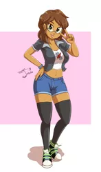 Size: 2795x4738 | Tagged: safe, artist:jeglegator, derpibooru import, oc, oc:chestnut quill, oc:copper plume, unofficial characters only, equestria girls, belly button, bracelet, breasts, clothes, commission, commissioner:imperfectxiii, converse, female, freckles, glasses, hand on hip, jacket, jewelry, lipstick, looking at you, midriff, peace sign, rule 63, shoes, shorts, smiling, sneakers, socks, solo, thigh highs, zettai ryouiki