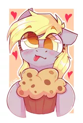 Size: 1351x2000 | Tagged: safe, artist:dino_horse, deleted from derpibooru, derpibooru import, derpy hooves, pegasus, pony, :p, blushing, colored pupils, cute, eye clipping through hair, female, food, mare, muffin, silly, smiling, solo, that pony sure does love muffins, tongue out