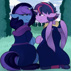 Size: 3000x3000 | Tagged: safe, artist:detpoot, derpibooru import, twilight sparkle, twilight sparkle (alicorn), oc, oc:aurora shine (loe), alicorn, pony, canon x oc, clothes, dusk shine, eye contact, heart, horn, horn ring, looking at each other, ring, robe, rule 63