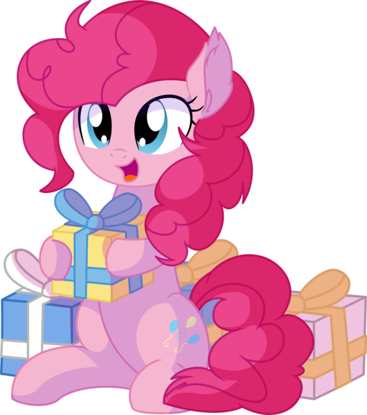 Size: 6492x7346 | Tagged: safe, artist:cyanlightning, derpibooru import, pinkie pie, earth pony, pony, .svg available, absurd resolution, cute, diapinkes, ear fluff, female, holding, holding a present, mare, open mouth, pinkie pie is best pony, present, simple background, sitting, smiling, solo, transparent background, vector