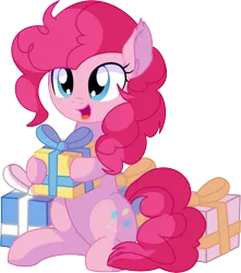 Size: 6492x7346 | Tagged: safe, artist:cyanlightning, derpibooru import, pinkie pie, earth pony, pony, .svg available, absurd resolution, cute, diapinkes, ear fluff, female, holding, holding a present, mare, open mouth, pinkie pie is best pony, present, simple background, sitting, smiling, solo, transparent background, vector