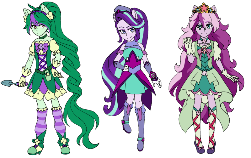 Size: 1936x1216 | Tagged: safe, artist:fantasygerard2000, derpibooru import, starlight glimmer, wallflower blush, wysteria, equestria girls, boots, clothes, crown, dress, g3, g3 to equestria girls, generation leap, hat, jewelry, ponied up, precure, pretty cure, regalia, shoes, shovel, skirt, socks, spade, trowel, watch, wristwatch