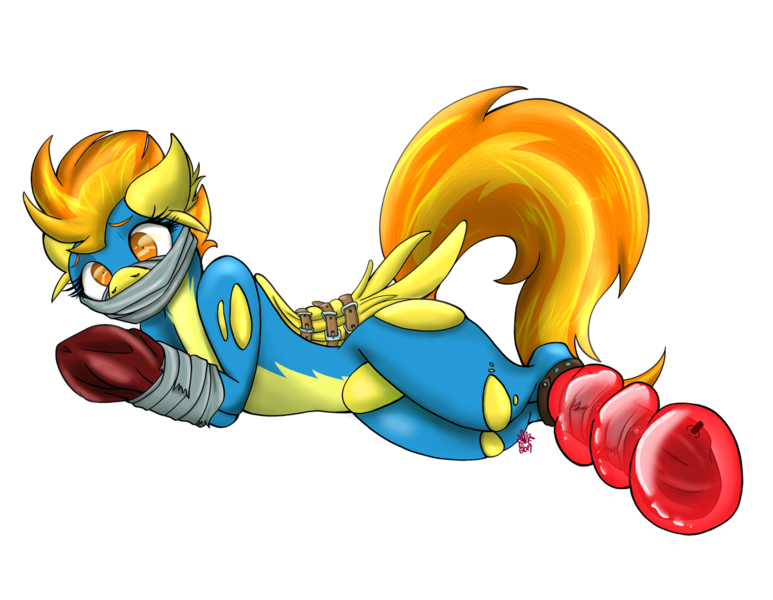 Size: 1280x994 | Tagged: suggestive, artist:twoshoesmcgee, derpibooru import, spitfire, pony, clothes, female, femsub, simple background, solo, subfire, submissive, tied up, torn clothes, transparent background, uniform, wonderbolts uniform