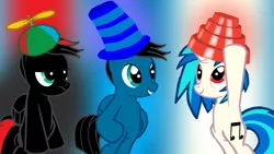 Size: 3840x2160 | Tagged: safe, artist:agkandphotomaker2000, derpibooru import, vinyl scratch, oc, oc:arnold the pony, oc:pony video maker, pegasus, pony, unicorn, abstract background, canon x oc, devo, energy dome, female, hat, male, propeller hat, red and black oc, shipping, silly hat, straight, top hat, unamused, videoscratch