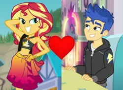 Size: 1158x852 | Tagged: safe, derpibooru import, edit, screencap, flash sentry, sunset shimmer, equestria girls, equestria girls series, forgotten friendship, pinkie pie: snack psychic, belly button, clothes, female, flashimmer, heart, male, shipping, shipping domino, straight, sunset selfie, swimsuit