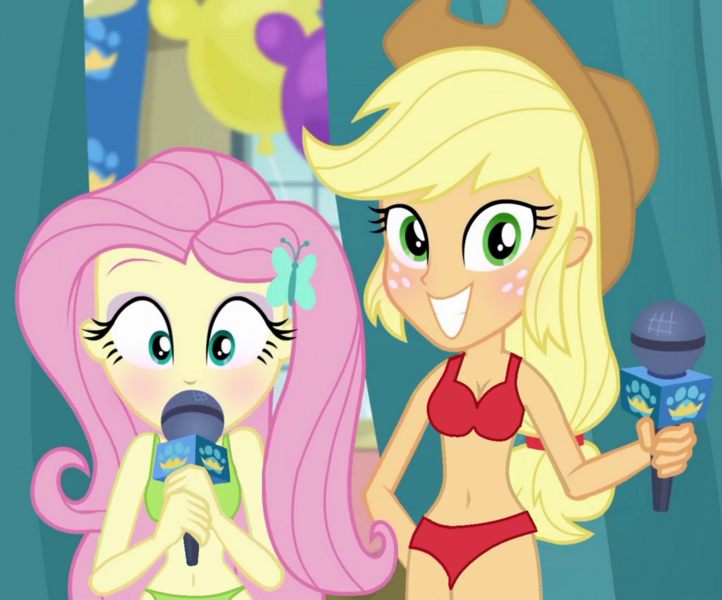 Size: 1020x848 | Tagged: suggestive, derpibooru import, edit, edited screencap, editor:grapefruitface, screencap, applejack, fluttershy, best in show: the pre-show, equestria girls, equestria girls series, spoiler:eqg series (season 2), balloon, blushing, bra, breasts, cleavage, clothes, curtains, green underwear, microphone, panties, red underwear, swimsuit, underwear, underwear edit