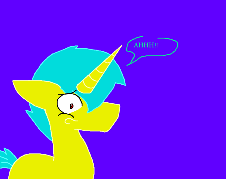 Size: 1074x854 | Tagged: safe, artist:eeveeglaceon, derpibooru import, oc, oc:assassin, oc:old assassin, unofficial characters only, pony, unicorn, tumblr:the sun has inverted, 380, blue background, brighter coat, brighter hair, color change, horn, indigo background, inverted, inverted colors, lighter coat, lighter hair, male, panicking, petrification, purple background, red eye, scared, screaming, sidemouth, simple background, sky blue hair, solo, tumblr, unicorn oc, violet background, wide eyes, word balloon, word bubble, yellow coat