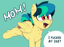 Size: 1280x941 | Tagged: suggestive, artist:shinodage, derpibooru import, edit, edited edit, oc, oc:apogee, unofficial characters only, pegasus, pony, adorkable, blue background, body freckles, bucking, butt freckles, chest fluff, chest freckles, cute, dialogue, dork, ear freckles, excited, exploitable meme, female, filly, freckles, happy, implied incest, implied sex, implied straight, meme, mom! meme, ocbetes, offscreen character, open mouth, proud, raised leg, simple background, smiling, solo, speech bubble, tail wrap, teenager, text, vulgar