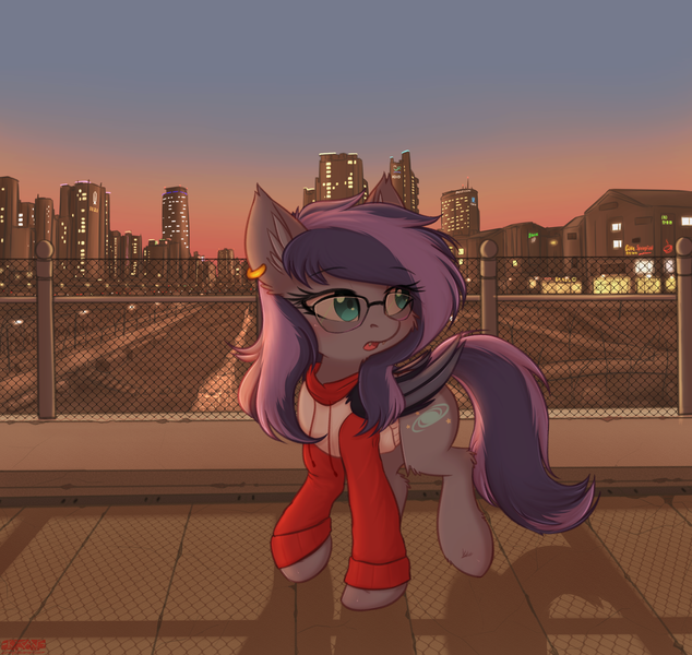 Size: 2480x2347 | Tagged: safe, artist:orang111, derpibooru import, oc, oc:andromeda galaktika, unofficial characters only, bat pony, pony, bat pony oc, bat wings, city, cute, cute little fangs, ear piercing, earring, fangs, female, jewelry, looking back, mare, ocbetes, piercing, solo, wings