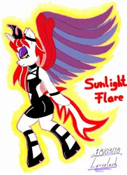 Size: 1571x2159 | Tagged: safe, artist:lyruzlavh, derpibooru import, oc, unofficial characters only, alicorn, anthro, unguligrade anthro, unicorn, alicorn oc, aura, boots, clothes, collar, crown, dress, eyelashes, eyeliner, eyeshadow, goth, goth pony, gothic, horn, jewelry, knee-high boots, latex, latex boots, latex dress, lidded eyes, looking down, makeup, minidress, miniskirt, regalia, shoes, skirt, solo, wings