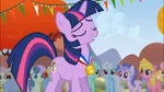 Size: 1668x937 | Tagged: safe, derpibooru import, screencap, twilight sparkle, pony, unicorn, fall weather friends, eyes closed, female, mare, medal, proud, solo focus, unicorn twilight