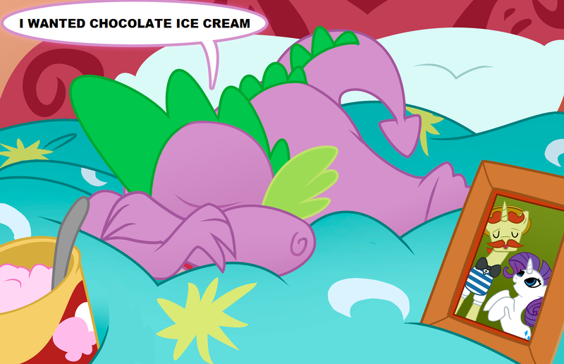 Size: 1280x826 | Tagged: safe, artist:multiversecafe, derpibooru import, edit, flam, rarity, spike, dragon, unicorn, bed, crying, facial hair, female, food, ice cream, male, moustache, photo, picture frame, pillow, rariflam, shipping, sparity, spoon, straight