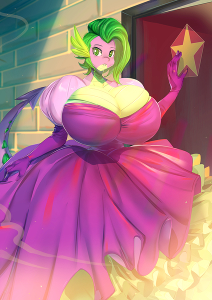 Size: 990x1400 | Tagged: anthro, artist:bakki, barb, barbara greenscale, big breasts, breasts, busty barb, clothes, derpibooru import, dragon, dragoness, dress, female, huge breasts, impossibly large breasts, older barb, rule 63, solo, solo female, spike, suggestive