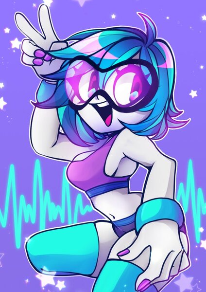 Size: 648x916 | Tagged: safe, artist:techycutie, derpibooru import, vinyl scratch, human, equestria girls, belly button, bracelet, breasts, busty vinyl scratch, clothes, female, glasses, goggles, jewelry, midriff, nail polish, open mouth, shiny, shorts, sideboob, socks, solo, sports bra, sports shorts, stars, thigh highs, waveform