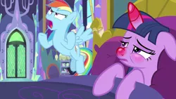 Size: 1280x720 | Tagged: safe, derpibooru import, screencap, rainbow dash, twilight sparkle, twilight sparkle (alicorn), alicorn, pegasus, pony, ail-icorn, spoiler:interseason shorts, angry, bed, cute, dashie mcboing boing, duo, female, horn, lyrebird dash, madorable, mare, red nosed, sicklight sparkle, swollen horn
