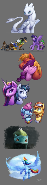 Size: 1235x4851 | Tagged: safe, artist:tsitra360, derpibooru import, big macintosh, carrot cake, cup cake, princess cadance, rainbow dash, shining armor, spike, sugar belle, twilight sparkle, twilight sparkle (alicorn), ponified, alicorn, bulbasaur, dragon, earth pony, light fury, pegasus, pony, unicorn, crossover, disney, donald duck, female, goofy, goofy (disney), how to train your dragon, how to train your dragon 3, kingdom hearts, male, pokémon, shiningcadance, shipping, sketch, sketch dump, sora, straight, sugarmac