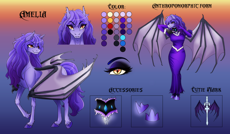 Size: 1280x744 | Tagged: safe, artist:askthelunargeneral, artist:tri-edge, derpibooru import, oc, oc:amelia, unofficial characters only, anthro, bat pony, pony, anthro oc, anthro with ponies, bat pony oc, bat wings, clothes, dress, female, reference sheet, solo, wings